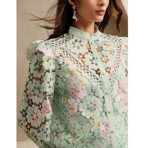 Mint Green Floral Lace Blouse | Elegant Sheer Long Sleeve Button-Up Top - Picture 3 of 4